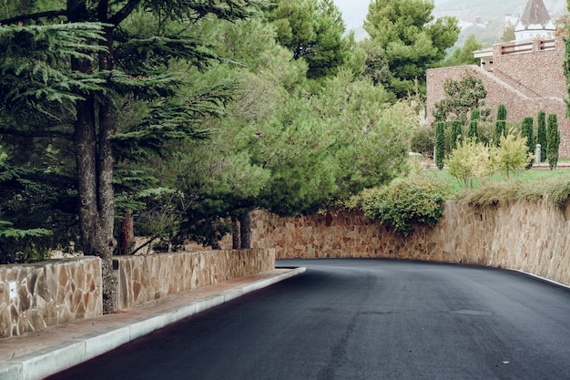 Picturesque concrete slope walkway with plants on the sides, background