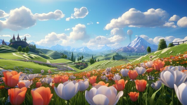 A picturesque countryside with rolling hills and fields of tulips