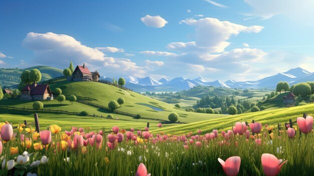 A picturesque countryside with rolling hills and fields of tulips