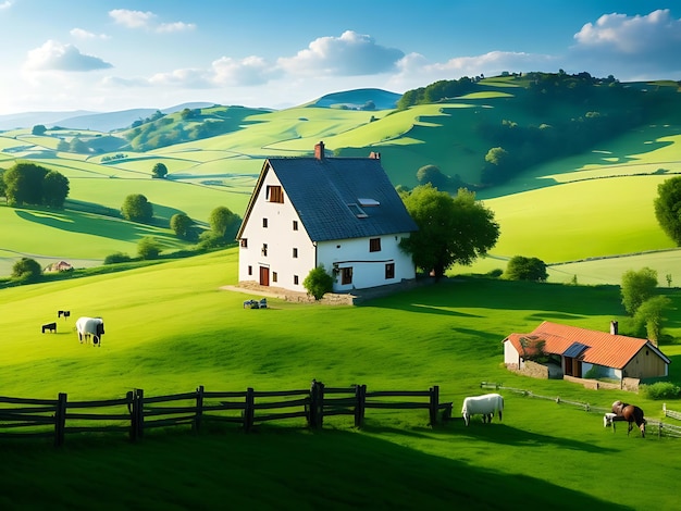 Picturesque countryside with rolling hills grazing livestock and a charming farmhouse