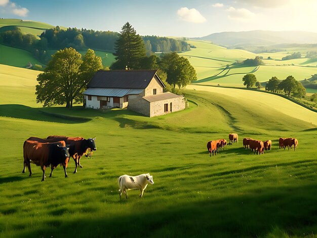 A picturesque countryside with rolling hills grazing livestock and a charming farmhouse