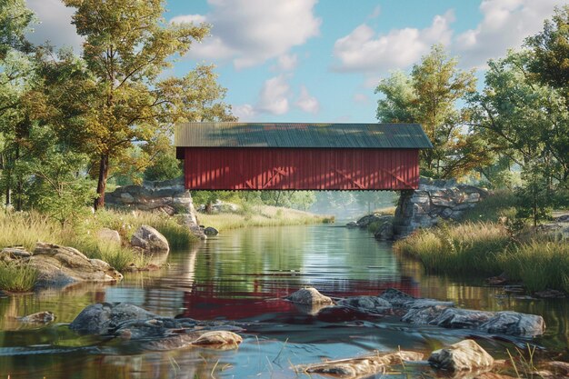 Photo a picturesque covered bridge spanning a tranquil r