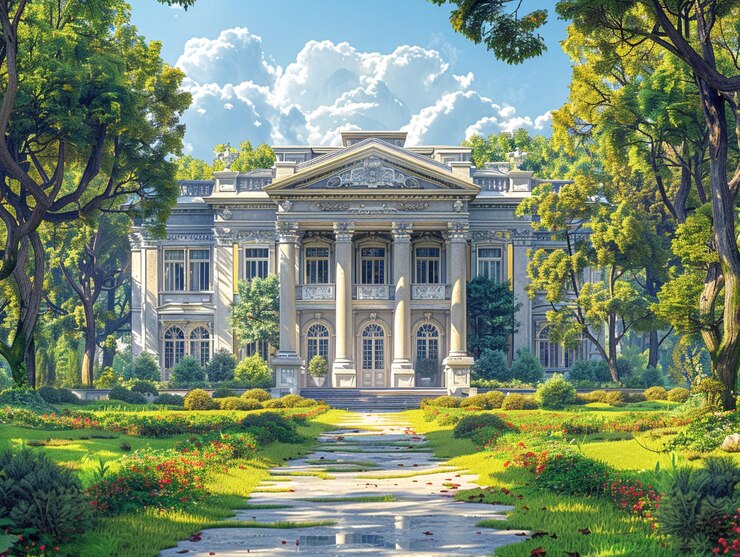 Photo picturesque digital illustration of a stately mansion in a lush garden