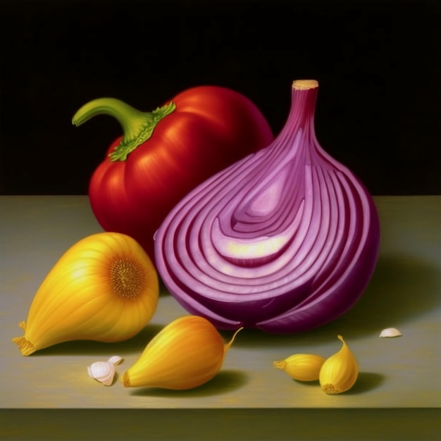 A picturesque display of a sliced red onion and a couple of ripe yellow bell peppers