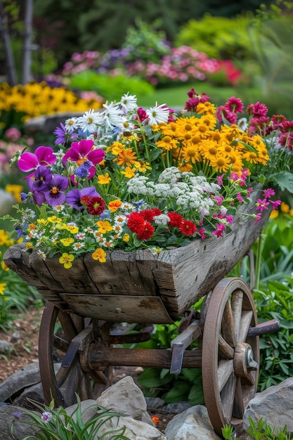 A Picturesque Display of Springs Bounty A Wheelbarrow Full of Mixed Flowers in a Rustic Setting