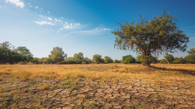 Photo picturesque dry grassy meadow with lush trees and cracks on ground representing concept of drought in desert