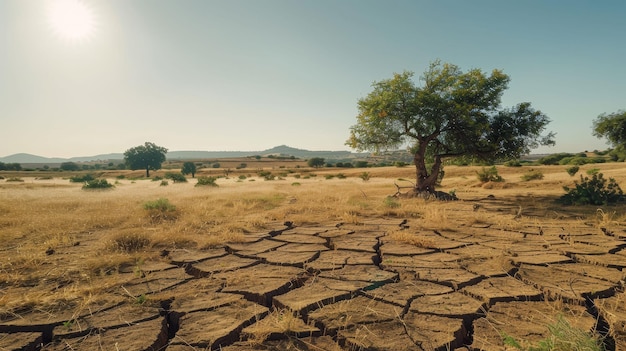 Photo picturesque dry grassy meadow with lush trees and cracks on ground representing concept of drought in desert