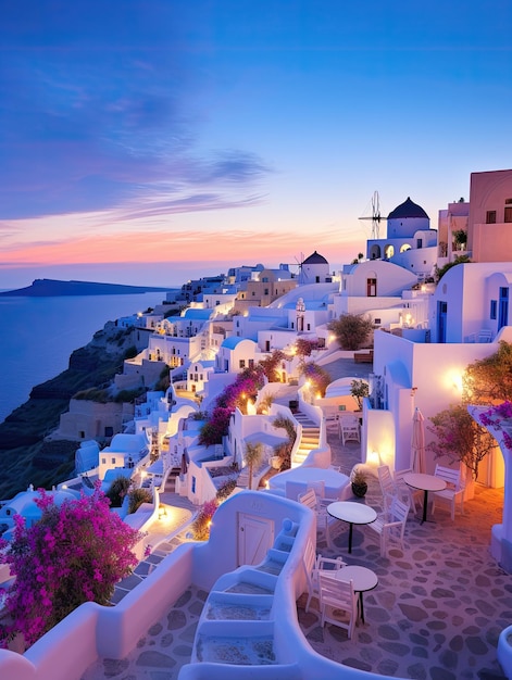 Picturesque evening landscape of Santorini island Greece Whitewashed houses by sunset