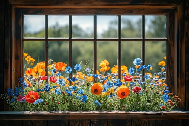 창문 을 통해 볼 수 있는 그림 같은 꽃 이 가득 찬 초원