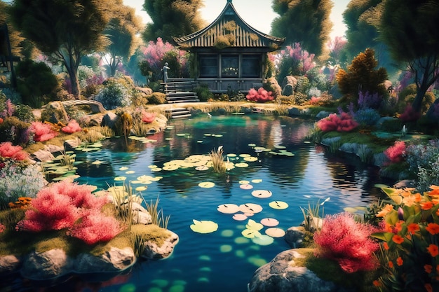 A picturesque garden with blooming flowers and tranquil ponds