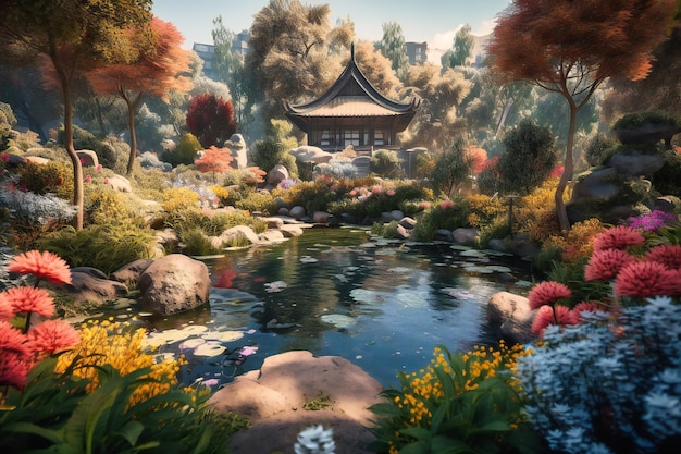 A picturesque garden with blooming flowers and tranquil ponds