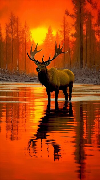 Picturesque generative ai illustration of deer with antlers standing on shallow water of lake in forest against sunset sky