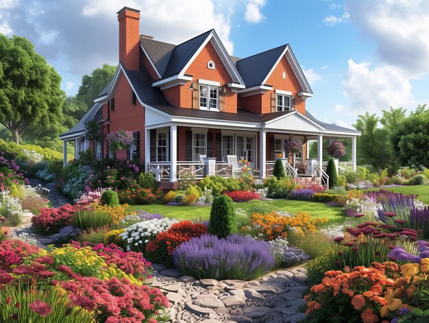 A picturesque Georgian farmhouse surrounded by colorful flower gardens