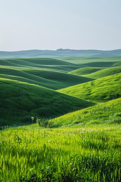 Фото Живописные зеленые холмы под чистым голубым небом