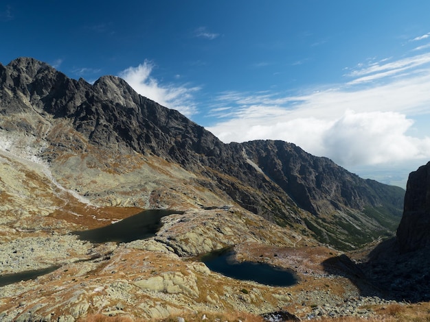 写真 秋の色の高い山々に囲まれた谷に山の湖がある絵のように美しい高原の風景