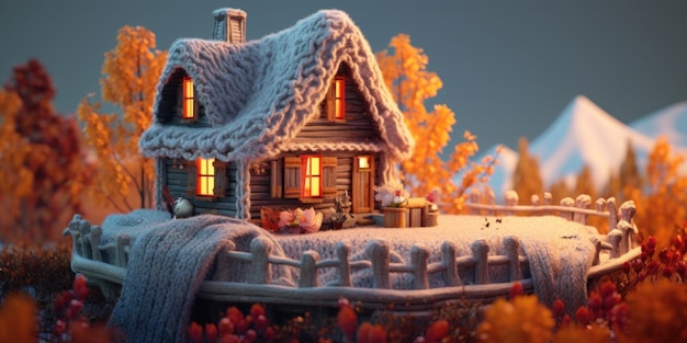 Foto un'immagine pittoresca di una piccola casa in piedi da sola in mezzo a un campo innevato perfetta per disegni e illustrazioni a tema invernale