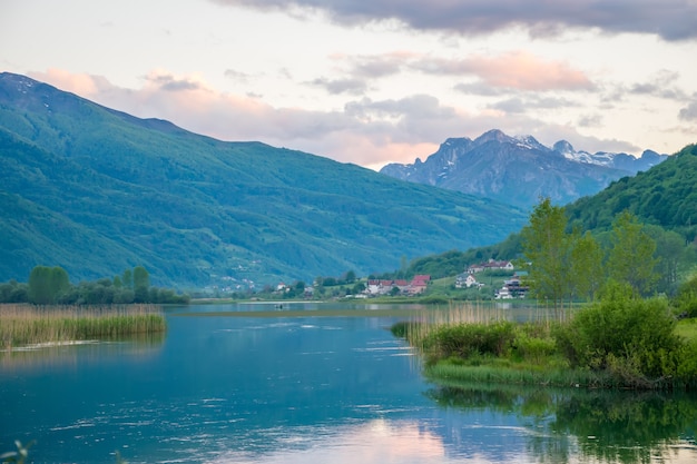 Picturesque Lake Plav in the mountains of Montenegro.