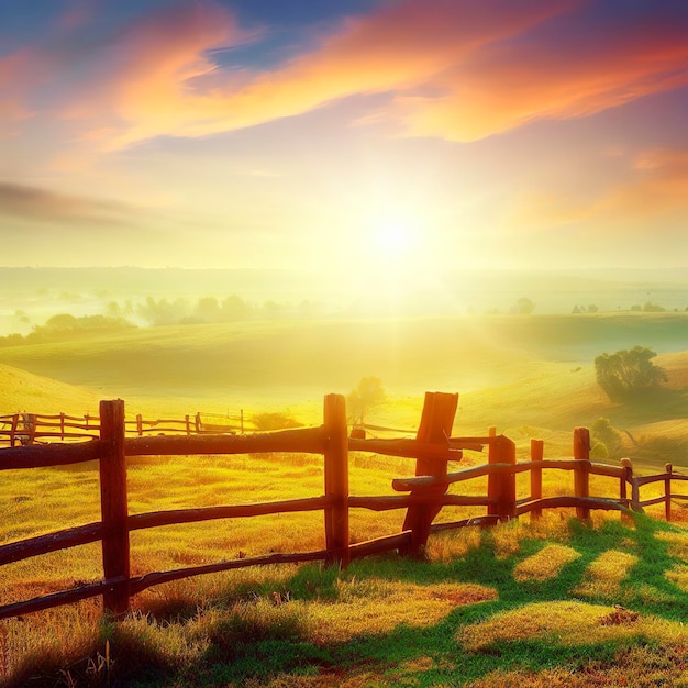 Picturesque landscape fenced ranch at sunrise