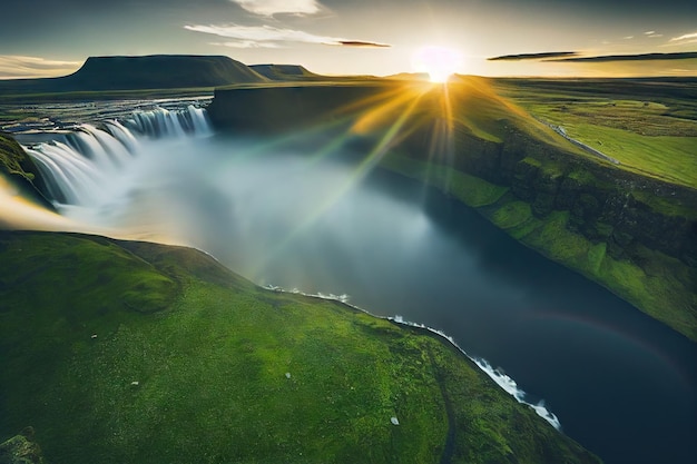 Picturesque landscape Iceland aerial river with waterfall in sun