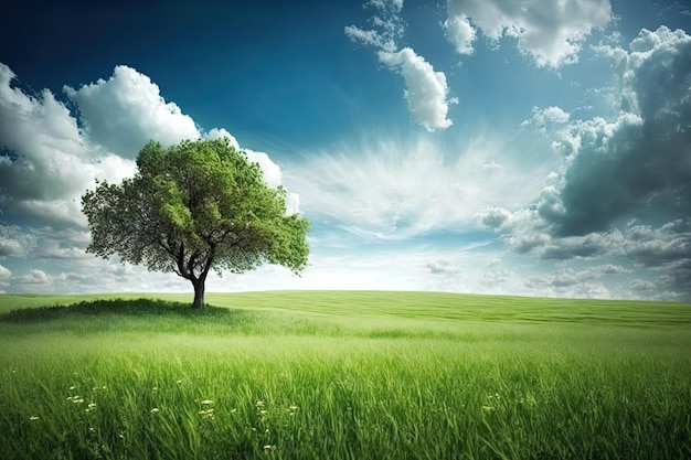 Живописный пейзаж с пышной зеленой травой и голубым небом с белыми облаками