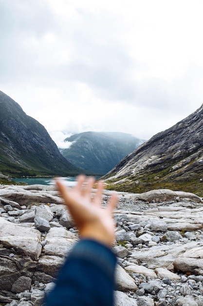 Picturesque landscape mountains of Norway Beautiful view of the lake Travelling lifestyle