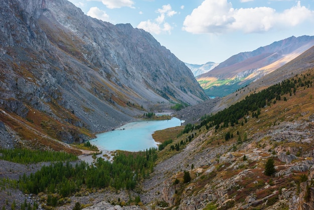 写真 麗な秋の谷に青いアルプス湖の絵画的な風景多色な植物の間に青い山の湖のトップビュー高山の鮮やかな秋の色美しい湖の空中ビュー