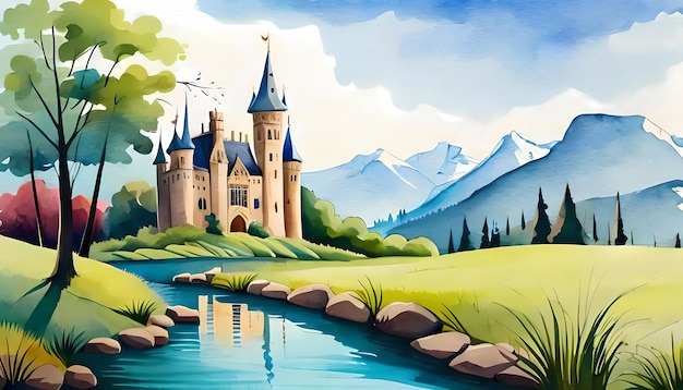 Живописный пейзаж с фантастическим старым замком