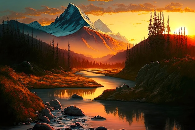 Picturesque landscape with mountain river on background of setting sun