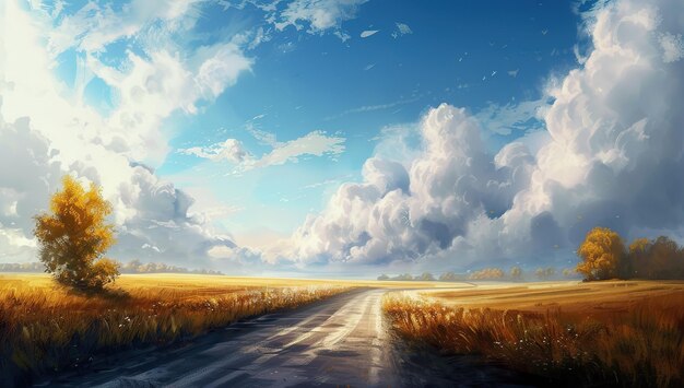 Picturesque landscape with road and clouds The concept of nature