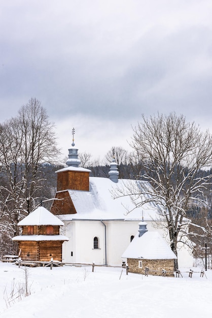 Picturesque Lopienka Orthodox Church in Bieszczady Mountains in Poland Snowy Winter Wonderland