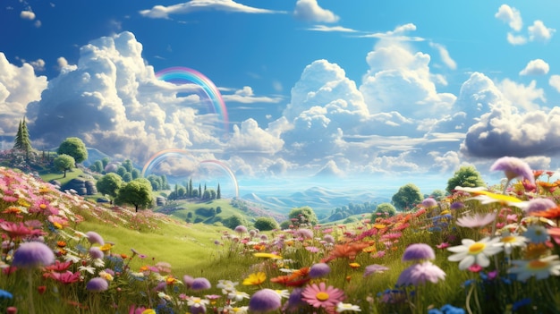 A picturesque meadow filled with wildflowers and a rainbow overhead