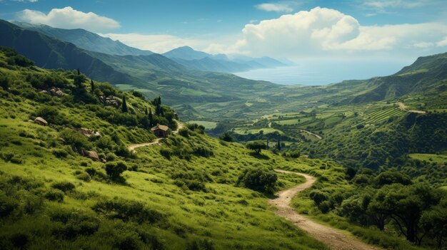 Photo picturesque mediterranean landscape ancient greek paved road through lush green valleys