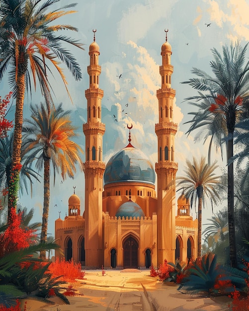 麗 な 背景 に 隠れ て いる 絵画 的 な モスク