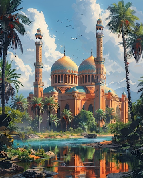 静かな壁紙に囲まれた絵画的なモスク