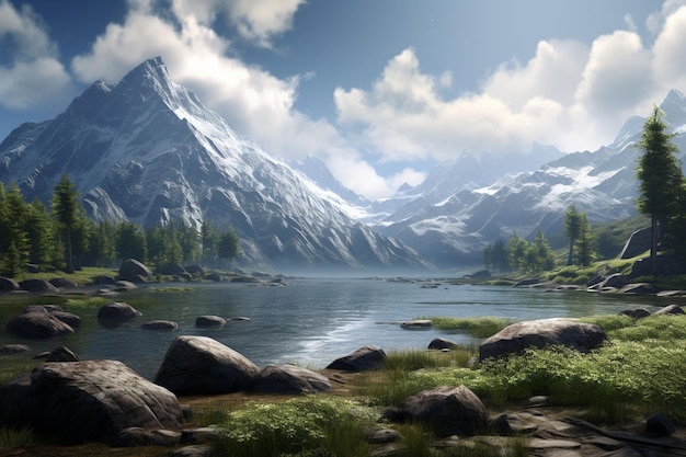 A picturesque mountain lake scene transformed by Generative ai