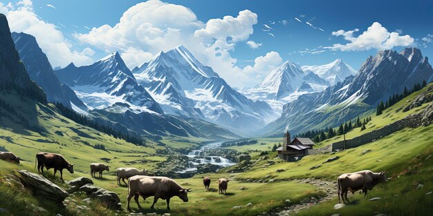 푸른 풀 에서 소 가 먹이를 먹고 있는 그림 같은 산악 풍경