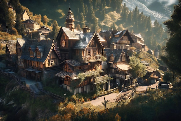 A picturesque mountain town with cozy cabins and scenic views