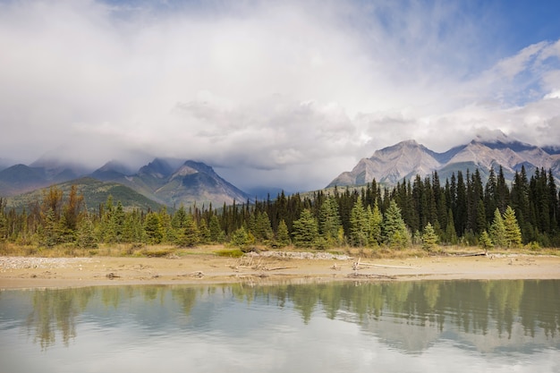여름철 캐나다 로키 산맥의 그림 같은 마운틴 뷰