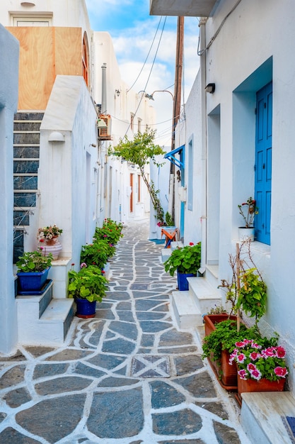 Picturesque Naousa town street on Paros island Greece