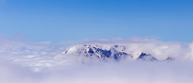 密集した低い雲の上に山の頂上がある絵のように美しい自然のミニマリストの風景