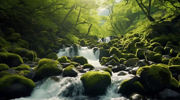 Picturesque natural waterfall adorned with rocks