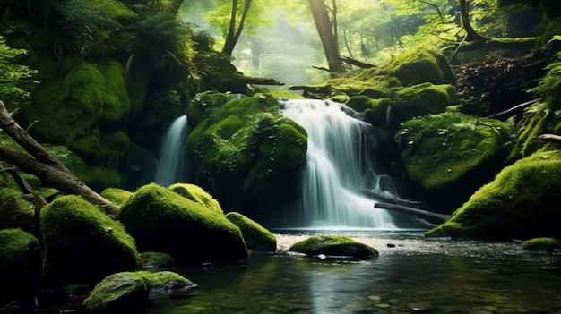 Picturesque natural waterfall adorned with rocks