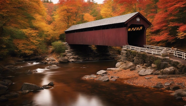 A picturesque New England autumn scene with fiery foliage a covered bridge and a meandering river