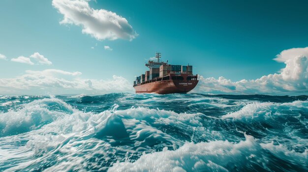 Photo picturesque of old loaded cargo ship sailing on turbulent wavy sea under clear skies background