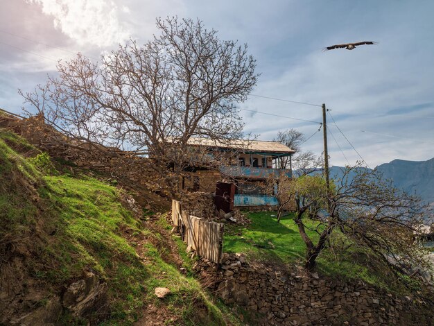 Picturesque old spring garden of the mountain village. old
village in dagestan. rural stone house in a village in kakhib,
dagestan. russia.