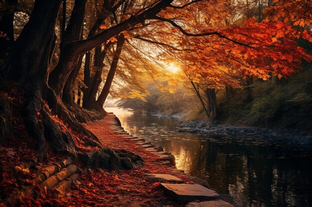 Photo a picturesque path through a sea of fallen leaves