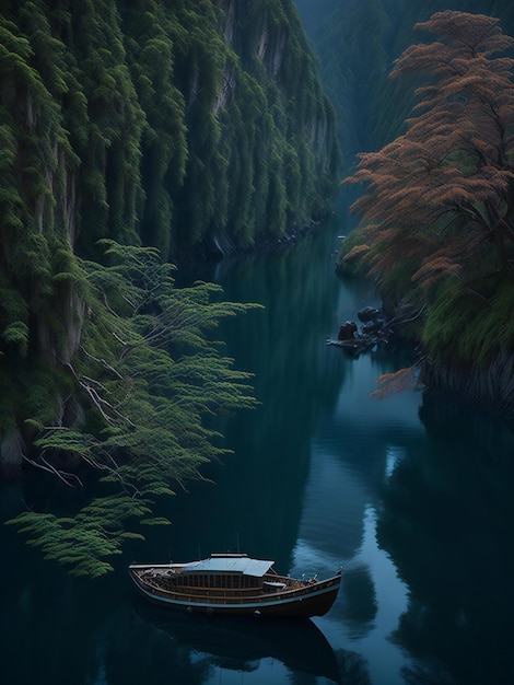 A picturesque photograph showcasing a serene cascade boat gently gliding along the calm water