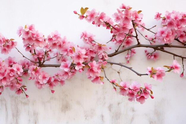 Picturesque pink petals delicate branches blossoming by the white wall