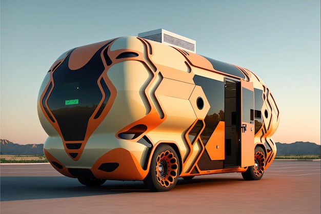 In a picturesque place the mobile home was covered with warm rays of the sun against the backdrop of a picturesque landscape on a perfect flat road sunset hightech electric car for traveling AI