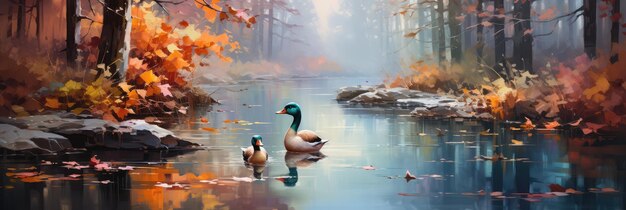 Picturesque Pond With Ducks And Autumn Reflections